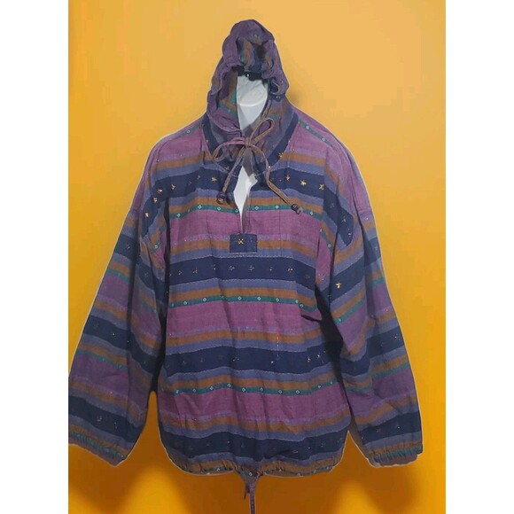 Vintage Angelique Free Size Hippie Boho Drawstring V-Neck Striped Pullover Top - Picture 2 of 11